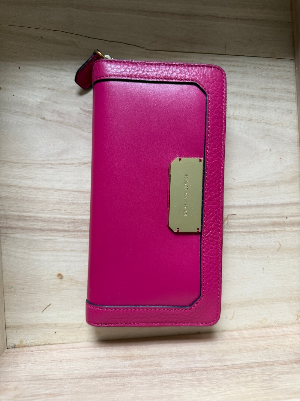NWT Stuart Weitzman Hot Pink Zip Around Wallet with Gold Plate
